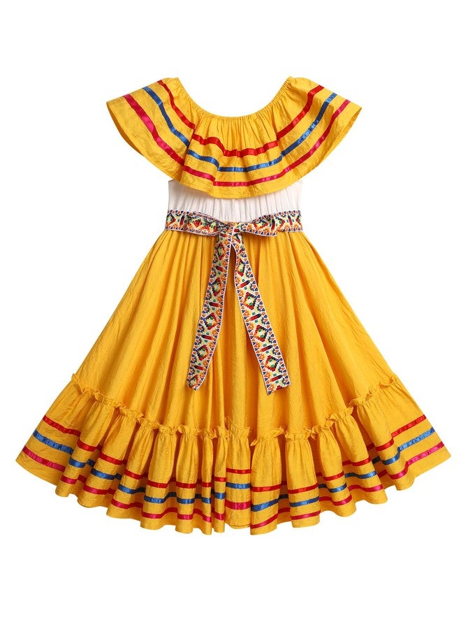 ODIZLI Mexican Dress for Girls - Folklorico Cinco de Mayo Fiesta Dress - Toddler Off-Shoulder Traditional - Little Girls Flamenco Ruffle Drape A Line Dress - Yellow 5-6 Years - Image 3